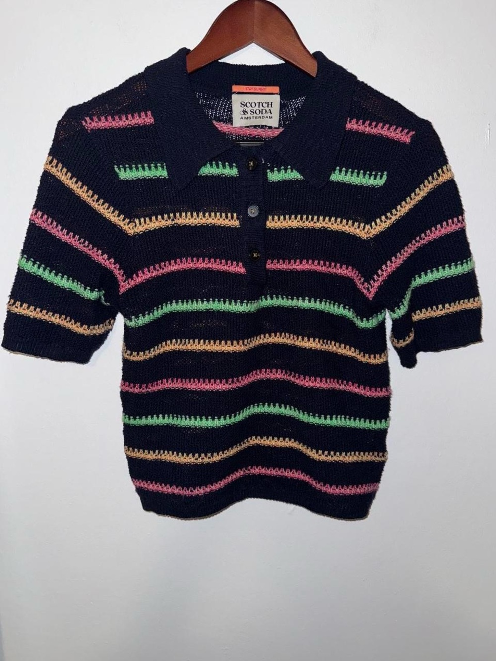 Scotch & Soda Striped Crochet Knit Polo Top Small